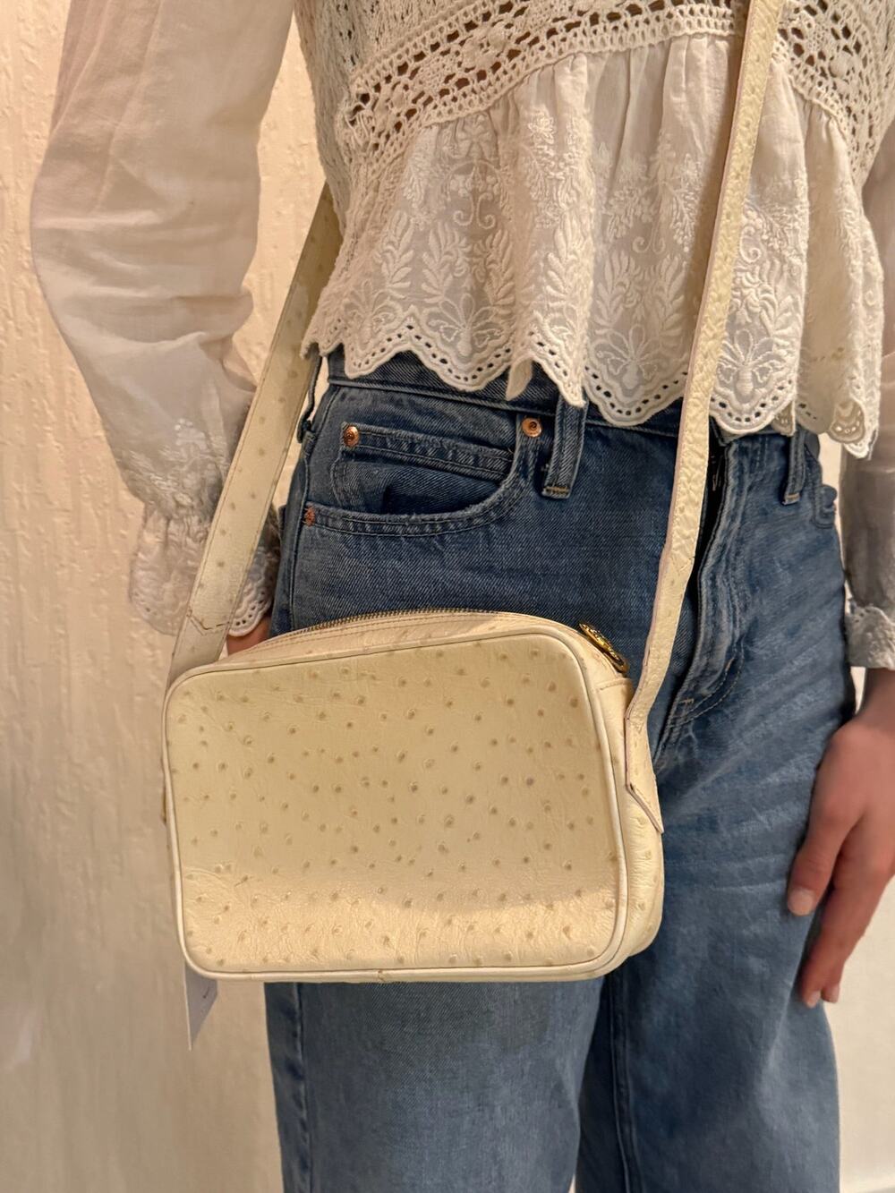 Fendi Vintage Cream Ostrich Leather Justable Shoulder Crossbody Bag